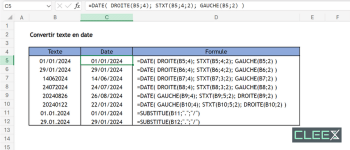Excel Convertir texte en date