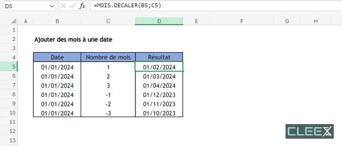 Ajouter des mois à une date formule excel