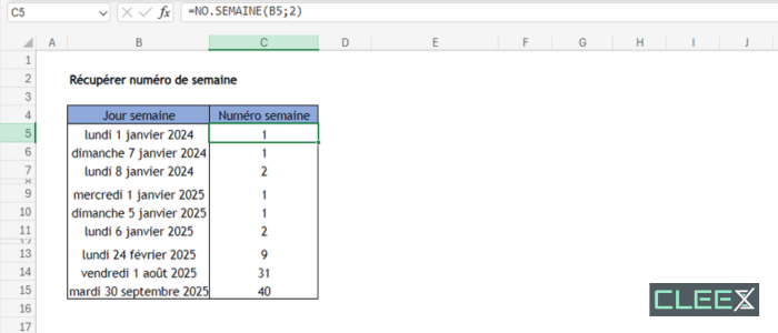 excel numéro de semaine